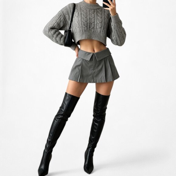 Gray Mid Rise Pleated Flared Skater Mini Skirt Skort Size S - Picture 2 of 6